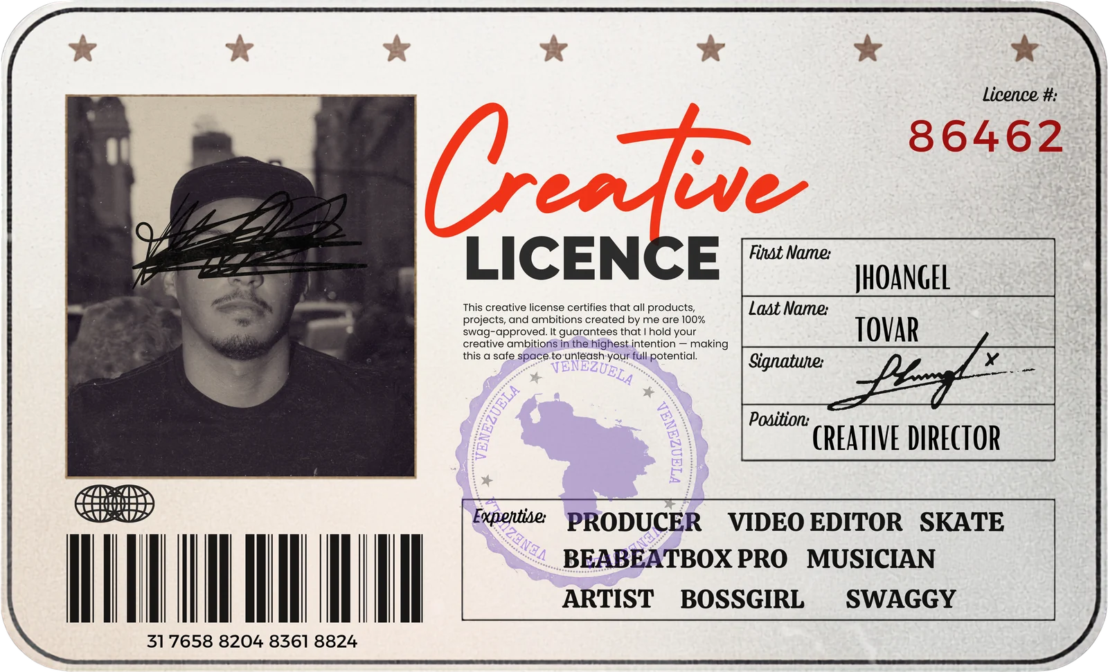 Creative Licence de Jhoangel Tovar: retrato, firma y posición de director creativo